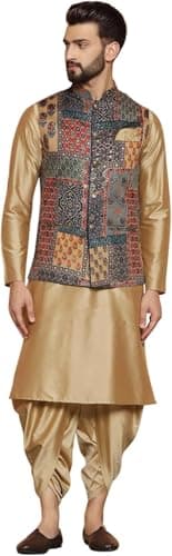 KISAH Men's Kurta, Printed Nehru Jacket & Dhoti Set - Traditional Indian Ethnic Wear for Weddings & Festive Occasions, Beige, 38