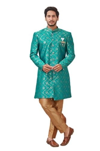 Lady Dwiza Indian Designer Wedding Festive Wear Jacquard Indo-Western Sherwani Pajama Set For Men