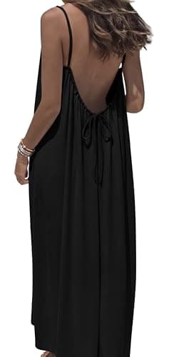 OFEEFAN Black Dresses for Womens Summer Dresses 2026 Backless Cami Maxi Dress Plus Size Sundresses Spaghetti Strap Beach Vacation Clothes M