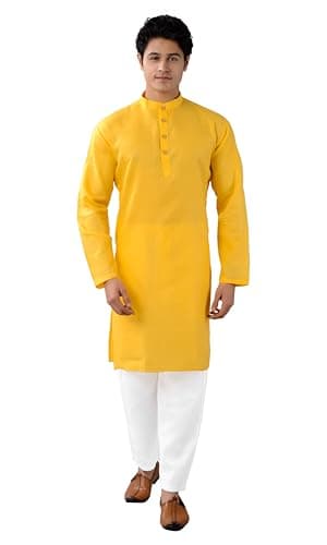 Chandrakala Men's Kurta Pajama Set Indian Casual Summer Wedding Festival Dress -Small, Yellow (MK101YEL1)