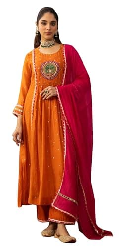 TRAFAART Women's Cotton Kurta Set A-Line Embroidered Kurti Pants with Dupatta-Orange-3X-Large