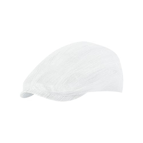 POUDAY Flat Caps for Men Newsboy Cap Linen Mens Hats Breathable Golf Hat Lightweight Cooling for Summer White