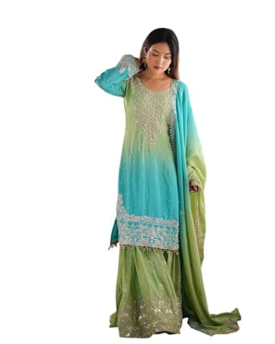 Women's Chinon Silk Sequence With Rivet Moti Work Straight Kurta With Sharara and Dupatta Set (Green-L)