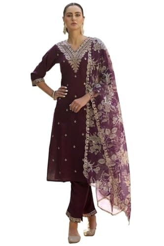 DREAMANGEL FASHION Womens Kurta Set Embroidered Viscose Rayon Straight Kurta Pant Set Ethnic Casual Kurti Set (XX-Large, purple)