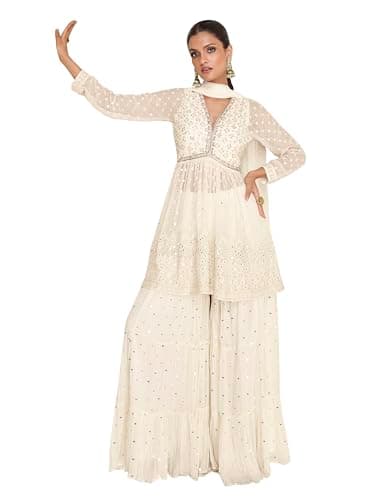 TRENDMALLS Women's Georgette Embroidery Sequence Work Kurta Sharara with Dupatta (G341-OffWhite-XXL)