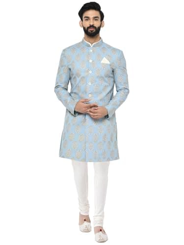 KISAH Men's Printed Sherwani Kurta & Pajama Set - Regular Fit, Mandarin Collar| Ethnic Wear Mens Wear, Blue, 42