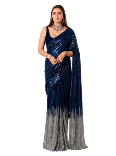 Vluxe Fashion Sequin Georgette saree in blue and silver toned, party and festive wear sarees for women, wedding and reception saaris for ladies, indian festive and function wear