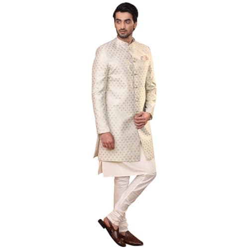 KISAH Men's Off-White Jacquard Indowestern Sherwani Kurta & Pajama Set - Regular Fit, Mandarin Collar |Indian Ethnic Wedding & Festive Wear, 42
