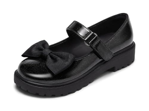 Coutgo Girls Mary Jane Dress Shoes Bow Closed Toe Chunky Heel Flats Platform Loafers School Uniform Shoes, Cool Black, Size 13