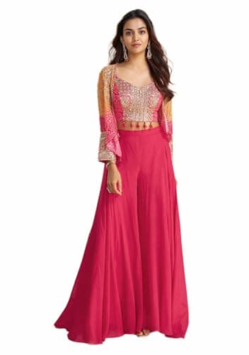 Indya Magenta Embroidered Silk Blended Sharara Set | Perfect for Festive Wear | ThreeQuarter Sleeve