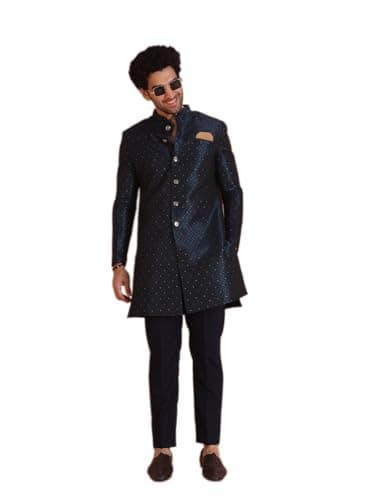 KISAH Men's Sherwani Set with Trouser – Embellished Silk Blend Jacquard Ethnic Set with Mandarin Collar – Indian Wedding & Festive Wear for Diwali, Eid & Celebrations, Turquoise, 42