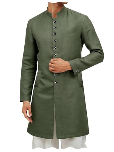 ONAXTDA Mens Linen Cotton Kurta Sherwani Coats Kaftan Long Jacket Mandarin Collar Indian Jodhpuri Achkan bhandgala Outfit Army 5XL