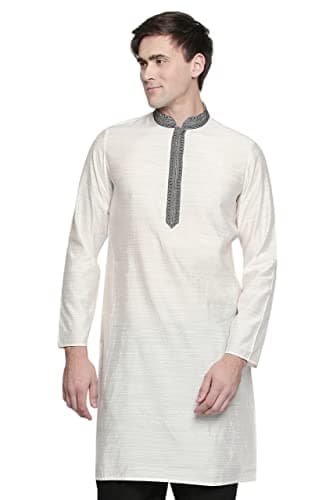 In-Sattva Men's Indian Embroidered Banded Collar and Placket Royal Kurta Tunic; White, XL