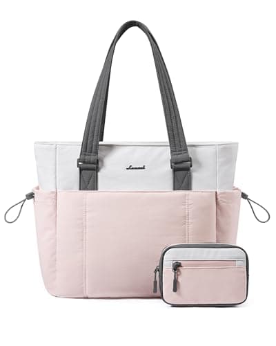 LOVEVOOK Tote Bag for Women,Lightweight Puffy Work Tote with Large Cup Holder & Laptop Compartment,Quilted Travel Tote Shoulder Bag Handbag for Work,Travel,Gym,Pink-White-Gray