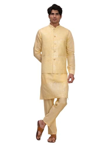 Pro-Ethic Style Developer Men's Cuffed Sleeves Cotton Kurta and Trouser Set with Embroidered Waistcoat (Nehru Jacket) (C-121) Lemon Medium
