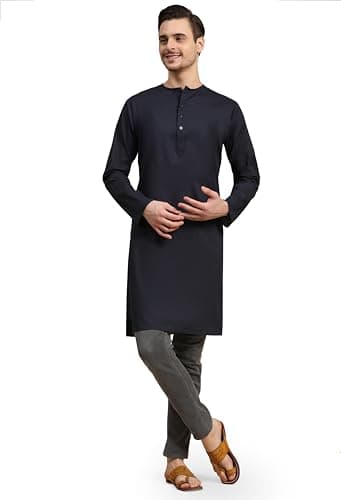 SKAVIJ Men's Casual Cotton Solid Long Kurta Regular Fit Shirt (Small, Blue)