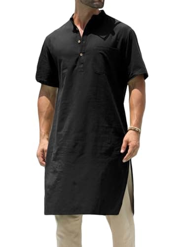 Gafeng Mens Kurta Cotton Linen Henley Shirts Kaftan Short Sleeve Lounge Plain Gown Shirt Black