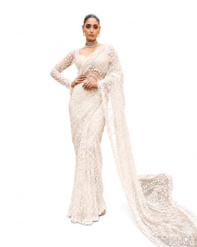 RETRO RETREAT COIN Women's Net Sequin Embroidery Sequence Saree Work With Unstitched Blouse Piece (White)