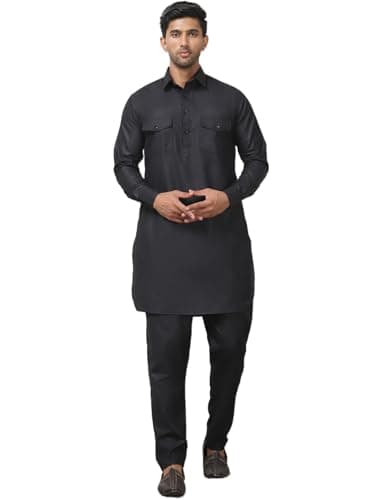 Punjabi Kurta Pajama Set Pathani Cotton Indian Clothing for Men (Black, S)
