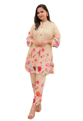 Aashita Creations Women Ethnic Kurta Set | Floral Printed Top & Pant Set | Kurta Set for Women | Co-Ord Set_099, Medium, Cream