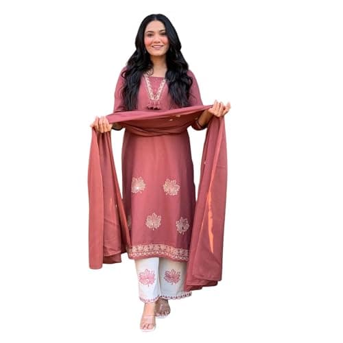 Kraphooli Women’s Dusty Rose Pink Cotton Kurta Set with Dupatta | Indian Salwar Kameez Outfit for Festive & Casual Wear | Ethnic Kurta and Plazzo set | 3X-Large