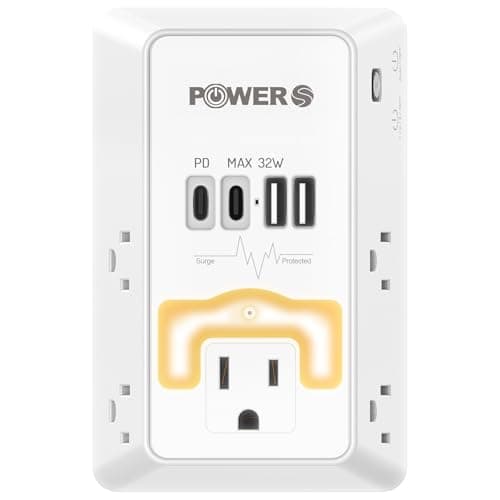 20W PD Fast Charging Wall Outlet with USB Ports (2C2A), Electrical Outlet Extender with Night Light, Surge Protector, Wall Plug Adapter for Multiple Devices