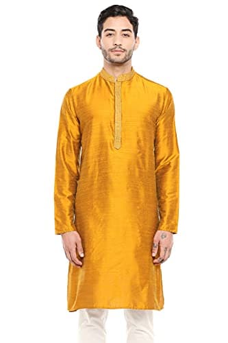In-Sattva Men's Indian Embroidered Banded Collar and Placket Royal Kurta Tunic; Mustard; SM