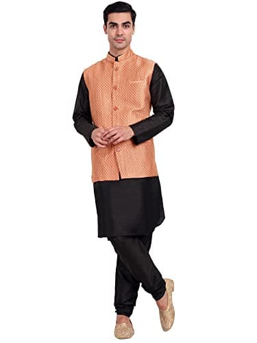 SKAVIJ Men's Dupion Silk Kurta Pajama with Nehru Jacket (Waistcoat) Set Indian Traditional Wedding Ethnic Outfit (Large, Orange)