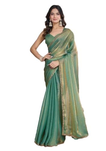 Indya Light Green Handwork Lace Fendy Chiffon Saree Set | Perfect for Festive & Party Wear