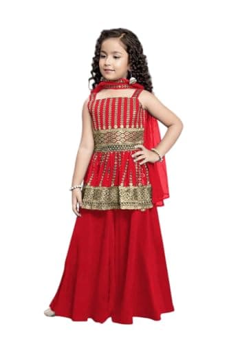 qoulrin Girls Indian Ethnic Wear Salwar Kameez For Kids|Girls Punjabi Suit|Kids Kurta Sharara Set For Girls|Indian Dress. (red, 9years)