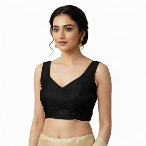 Dupion Stylish Readymade Sleeveless V-Neck Top Blouse with Deep Back and Tie-Up for Women Sarees & Lehengas Non Padded Black