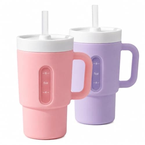 DeeCoo® My 1st Tumbler, 7oz Silicone Sippy Cup with Straw & Handle, 2-Pack BPA-Free Spill-Resistant Baby Cup for Toddlers, Easy-Clean Transition Cup for Home & Travel, Kids Cups (Pink & Purple)