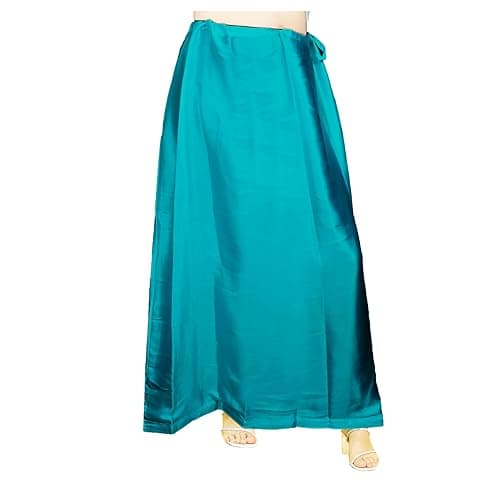 EDZZEL Women's Satin Silk Full Petticoat Saree Underskirt Inskirt Adjustable Drawstring Waist Solid Color (Teal)