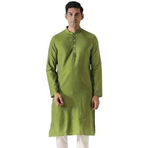 KISAH Mens Kurta – Solid Dyed Cotton Blend Tunic with Mandarin Collar, Regular Fit – Indian Wedding Outfit for Men, Fern, 42 Lime Green
