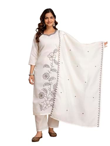TRENDMALLS Women’s Chanderi Cotton Embroidery Work Kurta Pant with Dupatta Set (G512-White-M)