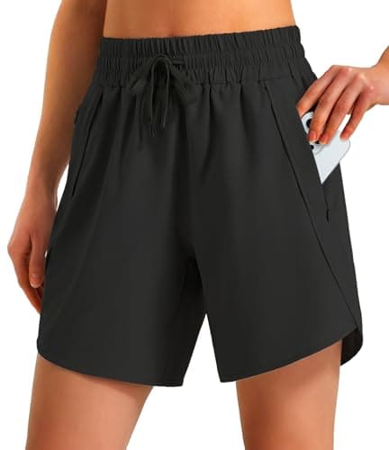 Ksmien Women's 5"/ 7" Athletic Running Shorts Quick Dry Lightweight Workout Gym Shorts with Zipper Pockets UPF 50+ Black XL