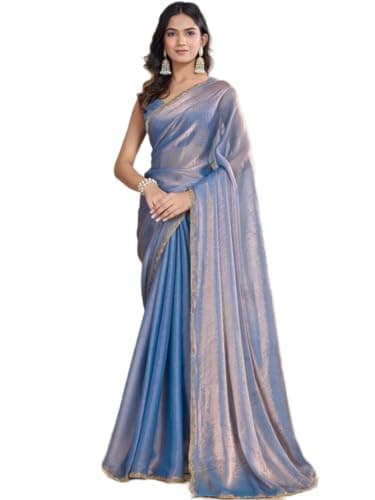 Mirraw Women's Light Blue Saree in Premium Fendy Chiffon | Designer Pastel Festive Saree | Lightweight Party Wear with Running Blouse