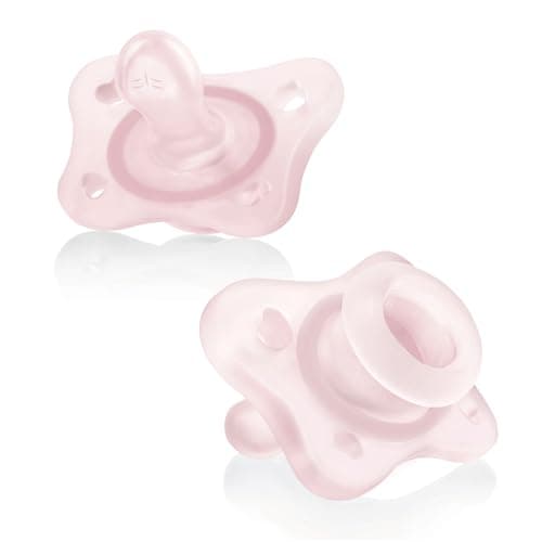 Chicco PhysioForma Mini Orthodontic Pacifier for Babies 0-2 Months, Ultra Light & Small, 100% Soft Silicone, Supports Breathing, One-Piece Design, Included Sterilizing Case, BPA Free, 2-Pack, Pink