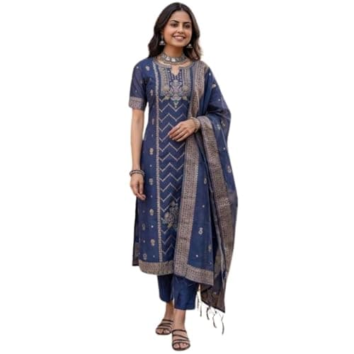 Women's Indian Ethnic Kurta Set with Dupatta | Embroidered Straight Kurta & Pants | Soft Comfortable Fabric | Traditional Outfit for Festivals & Parties - Navy Blue Gold - XXL