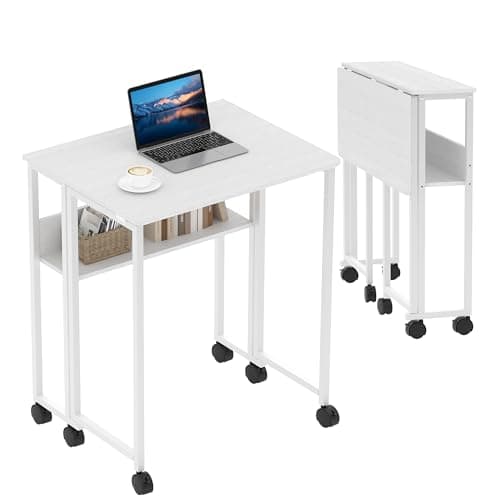 Folding Desk Small Rolling Des...ork Office Computer Desk,White
