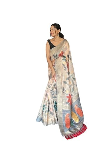 Rang Priya Pure Chanderi Banarasi Silk Saree with 3D digital Print and unstitched blouse (Silver Grey)
