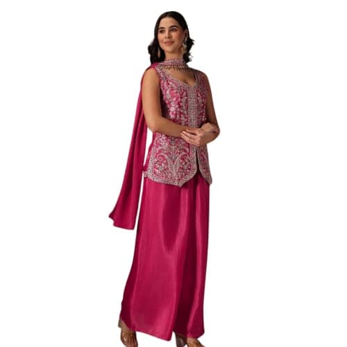 Women's Pure Viscose Chinon Kurta Sharara Set with Sequence Embroidery & Dupatta (US, Alpha, XX-Large, Regular, Regular, Pink)