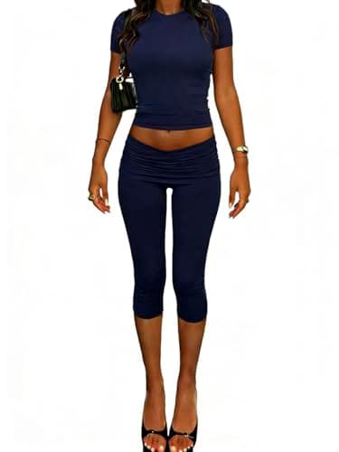 ZFLM casual sports women's two-piece set with short sleeves exposed navel high waistfoldable cropped pants sports suit
