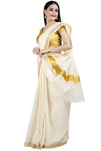 Chandrakala Kerala Kasavu Printed Saree for Women with Unstitched Blouse Piece Indian Wear (1371-P) (Cream Gold)