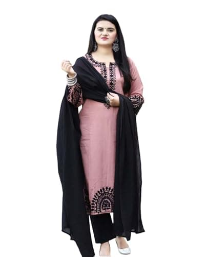 FULPARI Women's Pakistani Suits Rayon Viscose Indian Kurti for Ladies Summer Dress Kurta Pant with Dupatta Set (US, Alpha, Large, Regular, Regular, Pink)