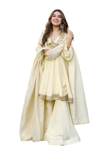 MINTMARK FASHION Women’s Silk Anarkali Sharara Set with Mirror Work – Traditional Ethnic Kurta Sharara Outfit for Wedding, Festival Wear (US, Alpha, Small, Regular, Regular, Cream)