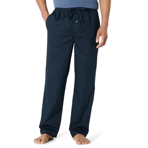 Amazon Essentials Men's Cotton Poplin Straight-Fit Pajama Pants with Pockets, Elastic Waist, Drawstring, Navy, Medium