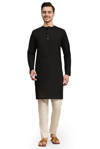 SKAVIJ Men's Pure Cotton Solid Kurta Pajama Set Round Neck Daily Wear Casual Yoga Dress (KP096black_Black_L)