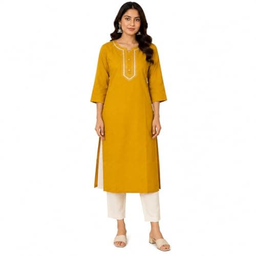 Ramkudi Womens Plain Cotton Kurti Top | Straight Fit Round Neck Kurta | 3/4 Sleeves Tunic Top | Casual Indian Kurti for Women Mustard Yellow