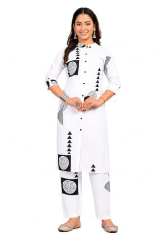 KANESKA Women's Kurti with Pant Set, Geometric Print, Button Front, 3/4 Sleeves, Casual Ethnic Wear (US, Alpha, Large, Regular, Regular, WHITE)